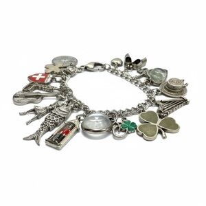 Vintage MACO SS Charm Bracelet, European 800 Silver, Travel, Irish, Faith Charms